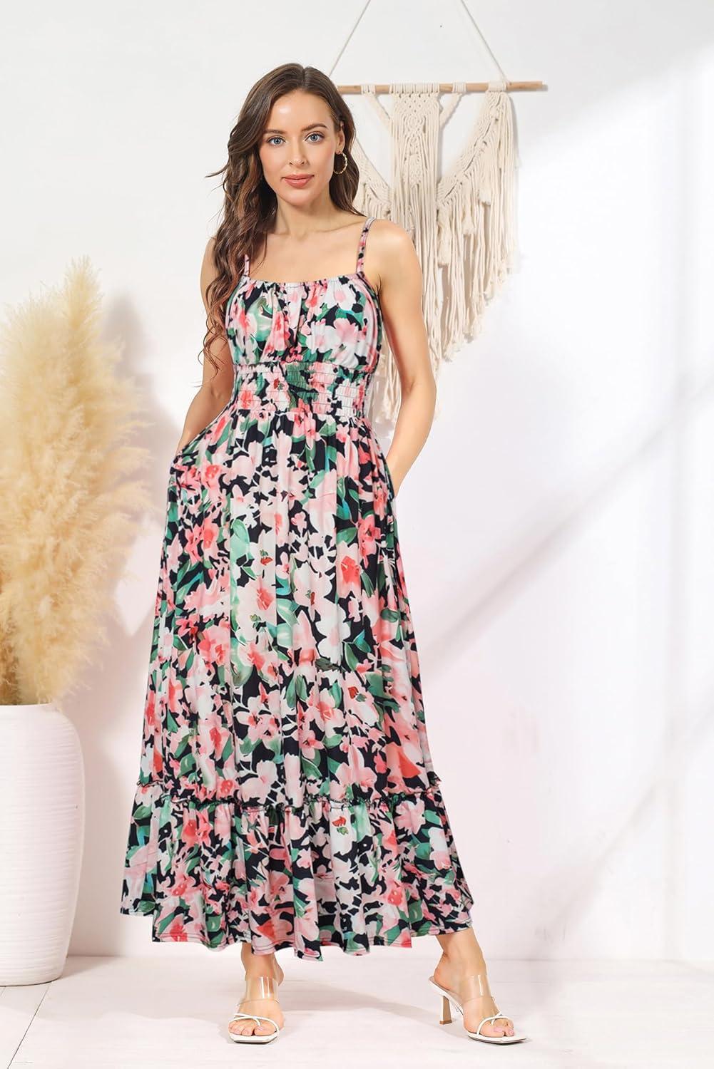 imageGRACE KARIN Summer Dresses for Women 2026 Vacation Smocked Floral Maxi Dresses Boho Beach Long Sundresses with PocketsGreen Black Floral
