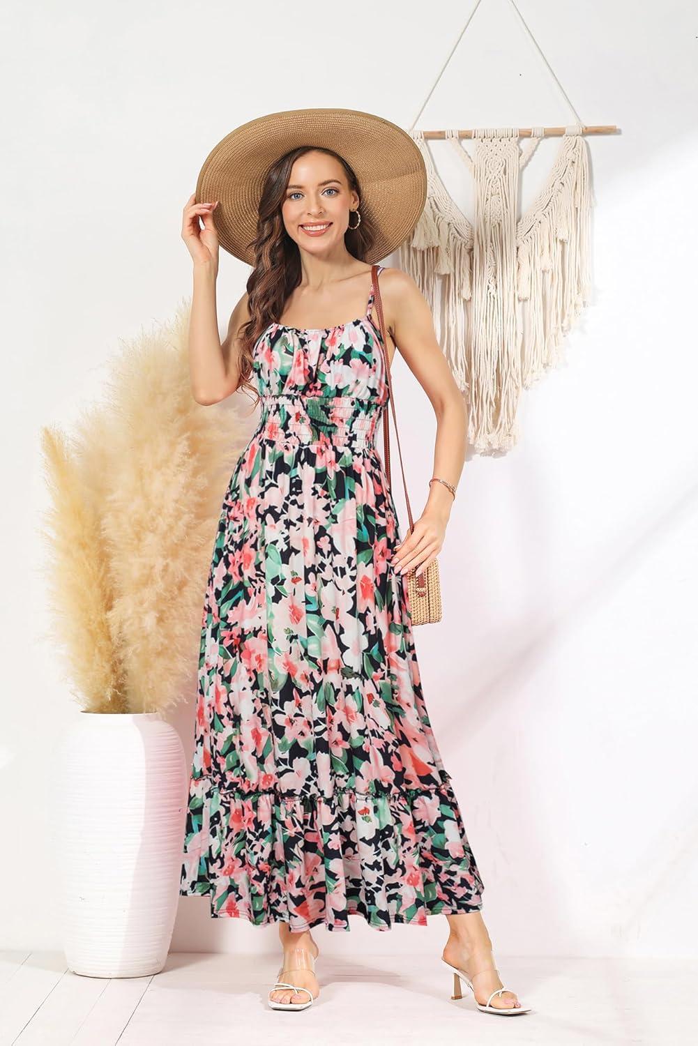 imageGRACE KARIN Summer Dresses for Women 2026 Vacation Smocked Floral Maxi Dresses Boho Beach Long Sundresses with PocketsGreen Black Floral