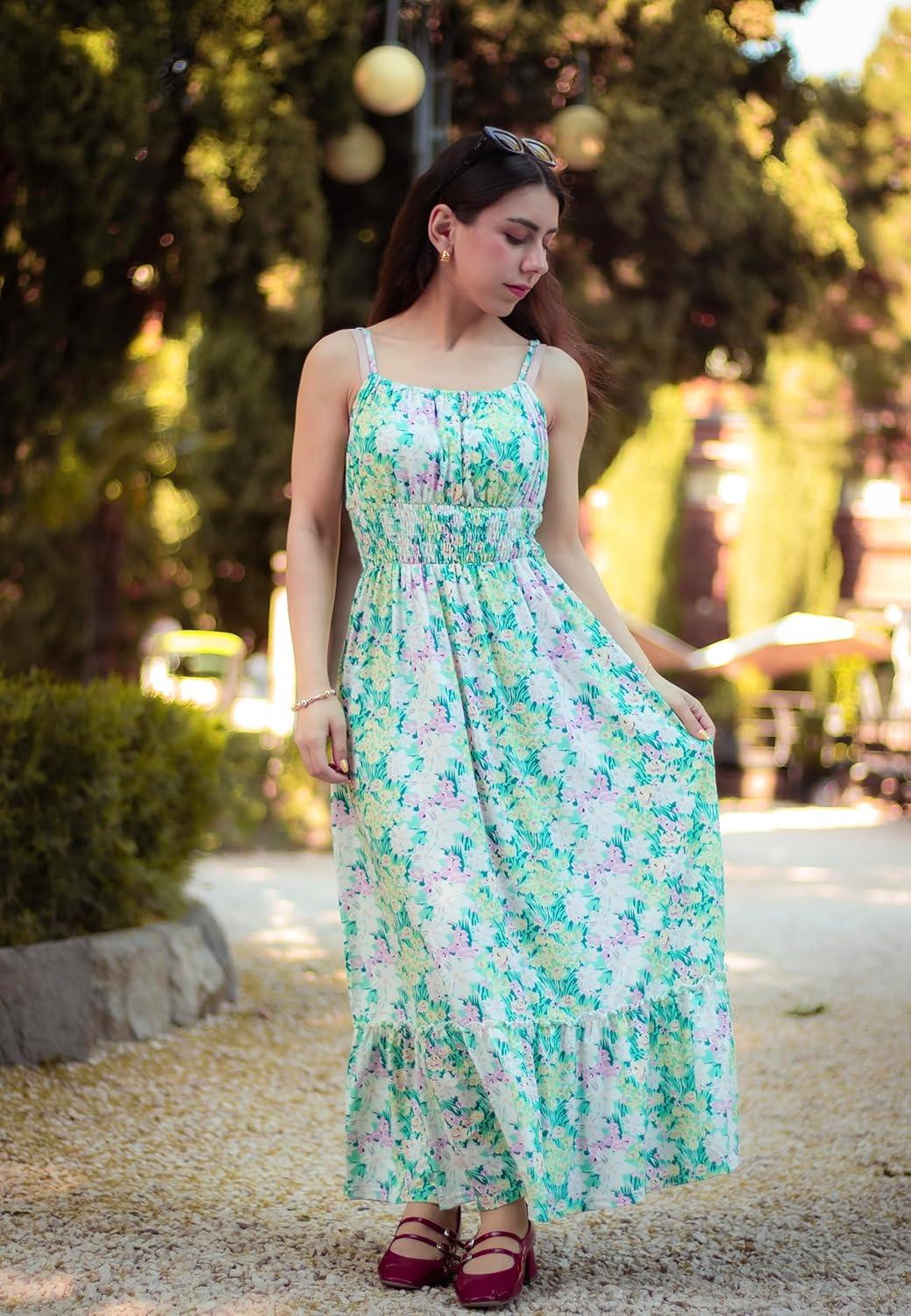 imageGRACE KARIN Summer Dresses for Women 2026 Vacation Smocked Floral Maxi Dresses Boho Beach Long Sundresses with PocketsGreen Flower