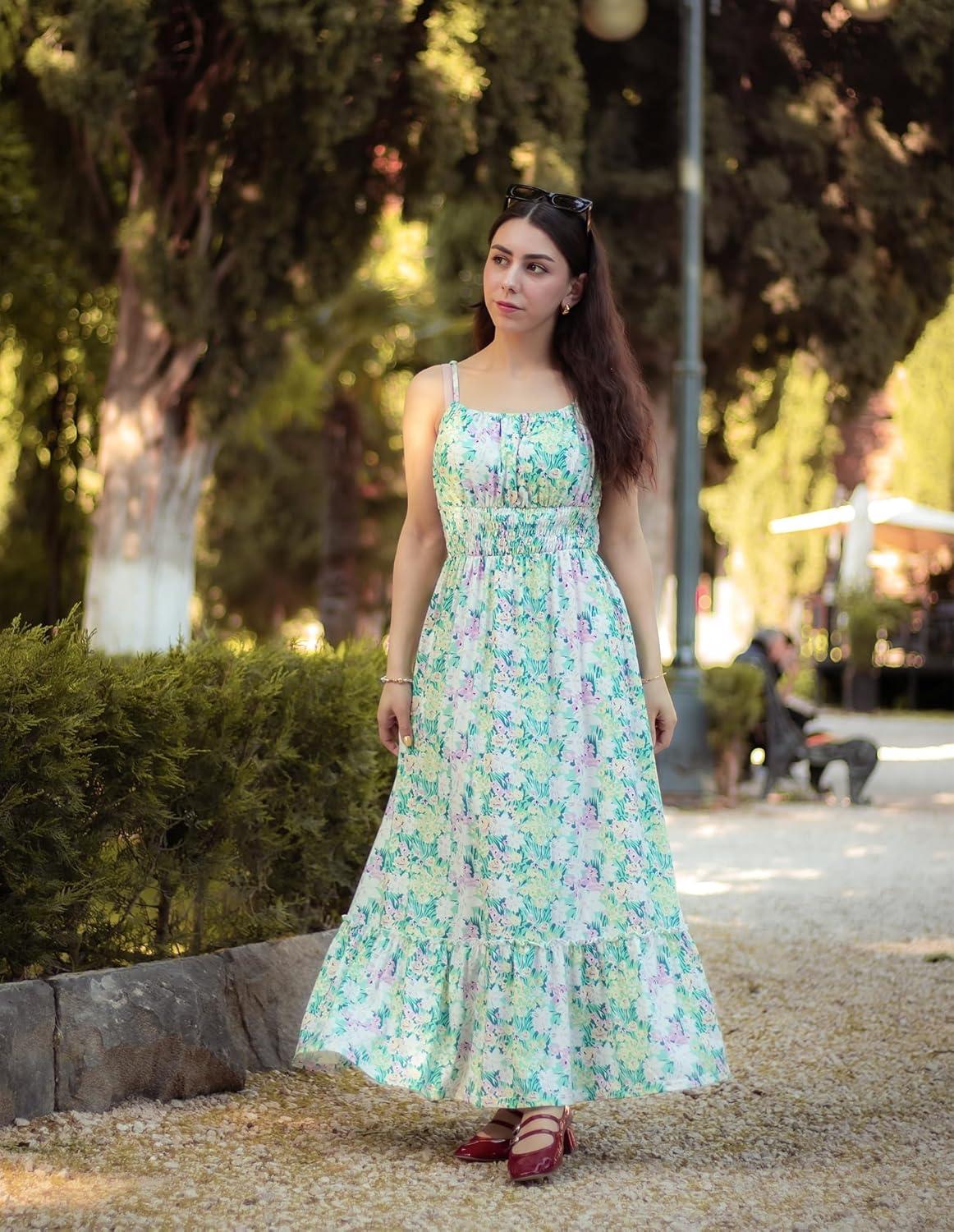 imageGRACE KARIN Summer Dresses for Women 2026 Vacation Smocked Floral Maxi Dresses Boho Beach Long Sundresses with PocketsGreen Flower
