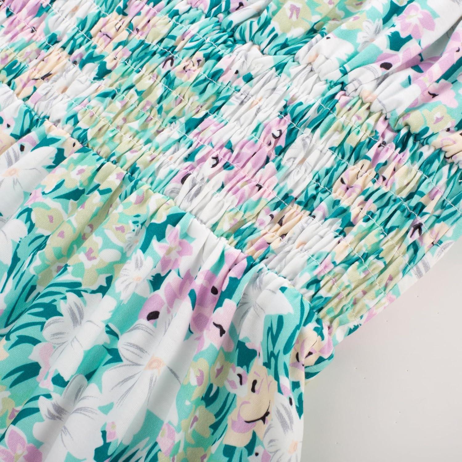imageGRACE KARIN Summer Dresses for Women 2026 Vacation Smocked Floral Maxi Dresses Boho Beach Long Sundresses with PocketsGreen Flower