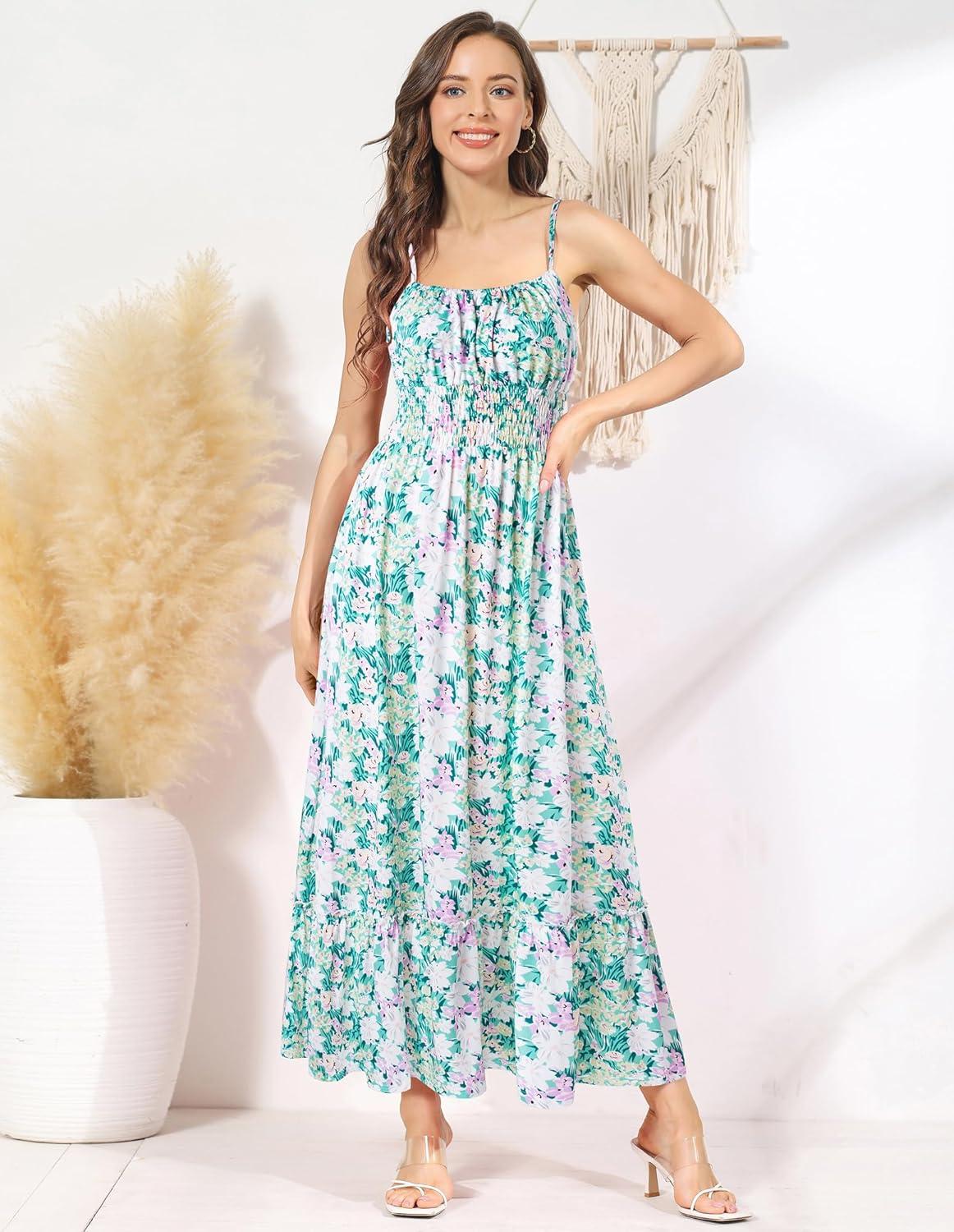 imageGRACE KARIN Summer Dresses for Women 2026 Vacation Smocked Floral Maxi Dresses Boho Beach Long Sundresses with PocketsGreen Flower