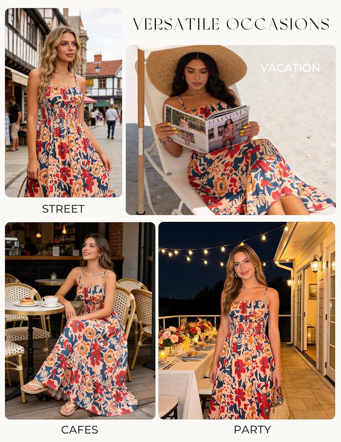 imageGRACE KARIN Summer Dresses for Women 2026 Vacation Smocked Floral Maxi Dresses Boho Beach Long Sundresses with PocketsNavy Brown