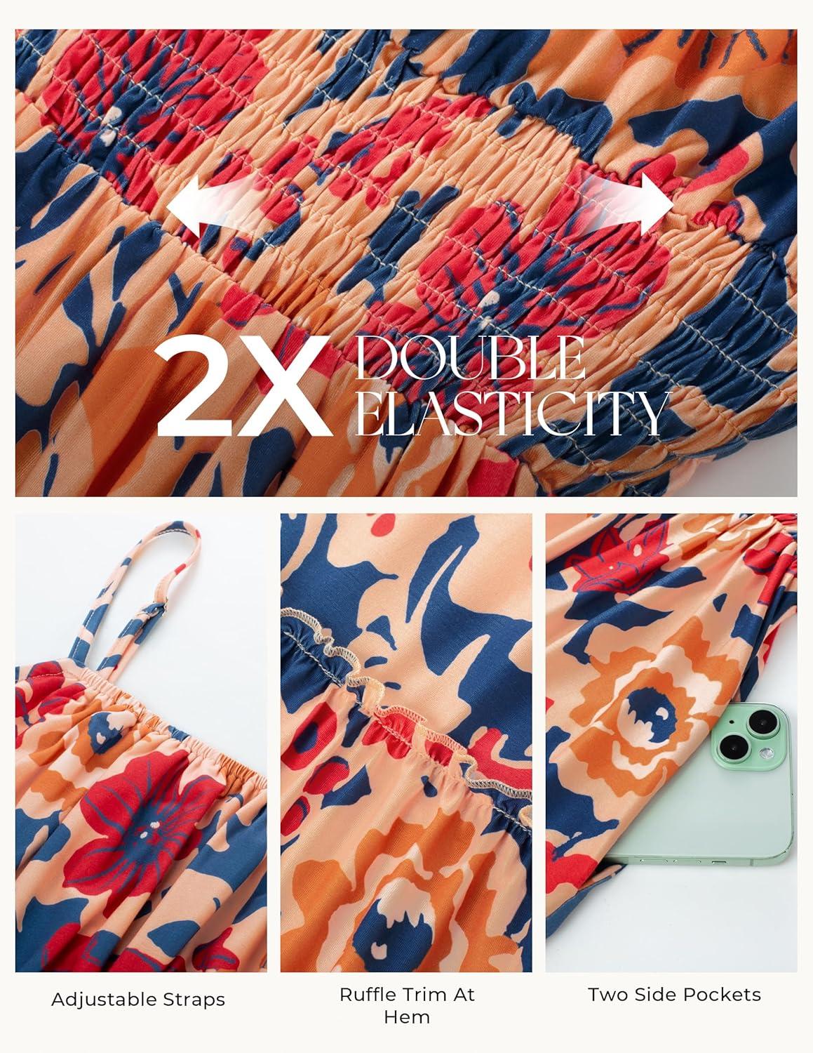 imageGRACE KARIN Summer Dresses for Women 2026 Vacation Smocked Floral Maxi Dresses Boho Beach Long Sundresses with PocketsNavy Brown