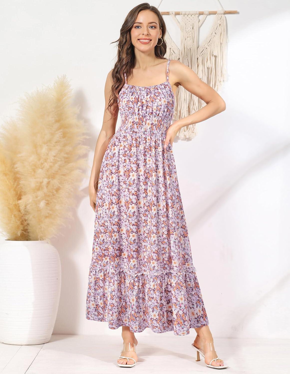 imageGRACE KARIN Summer Dresses for Women 2026 Vacation Smocked Floral Maxi Dresses Boho Beach Long Sundresses with PocketsPurple Floral