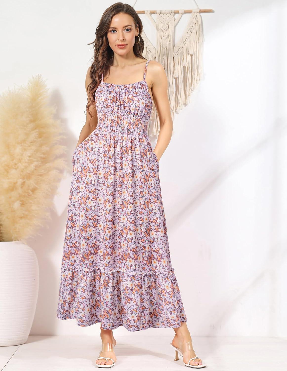imageGRACE KARIN Summer Dresses for Women 2026 Vacation Smocked Floral Maxi Dresses Boho Beach Long Sundresses with PocketsPurple Floral