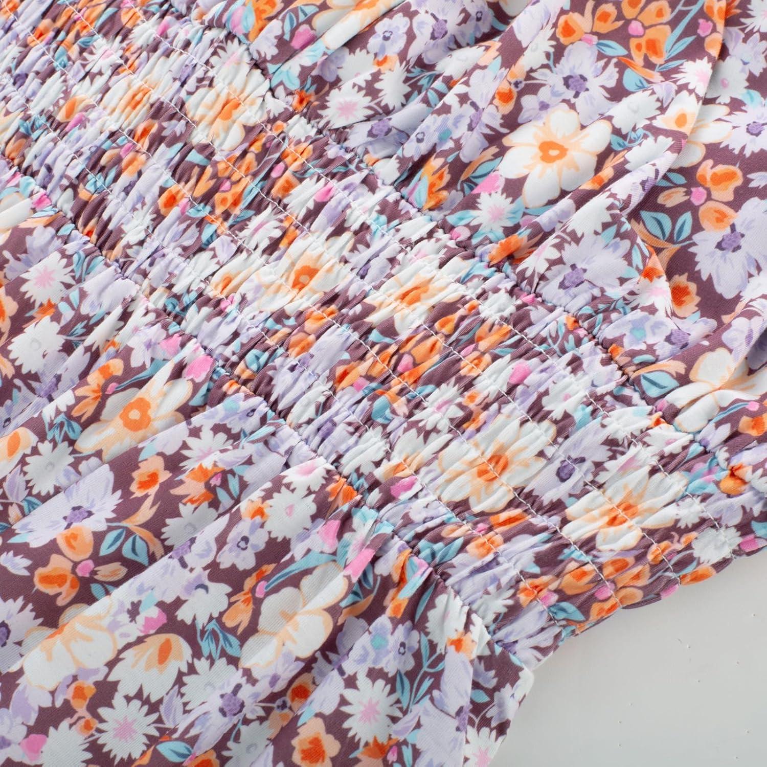 imageGRACE KARIN Summer Dresses for Women 2026 Vacation Smocked Floral Maxi Dresses Boho Beach Long Sundresses with PocketsPurple Floral