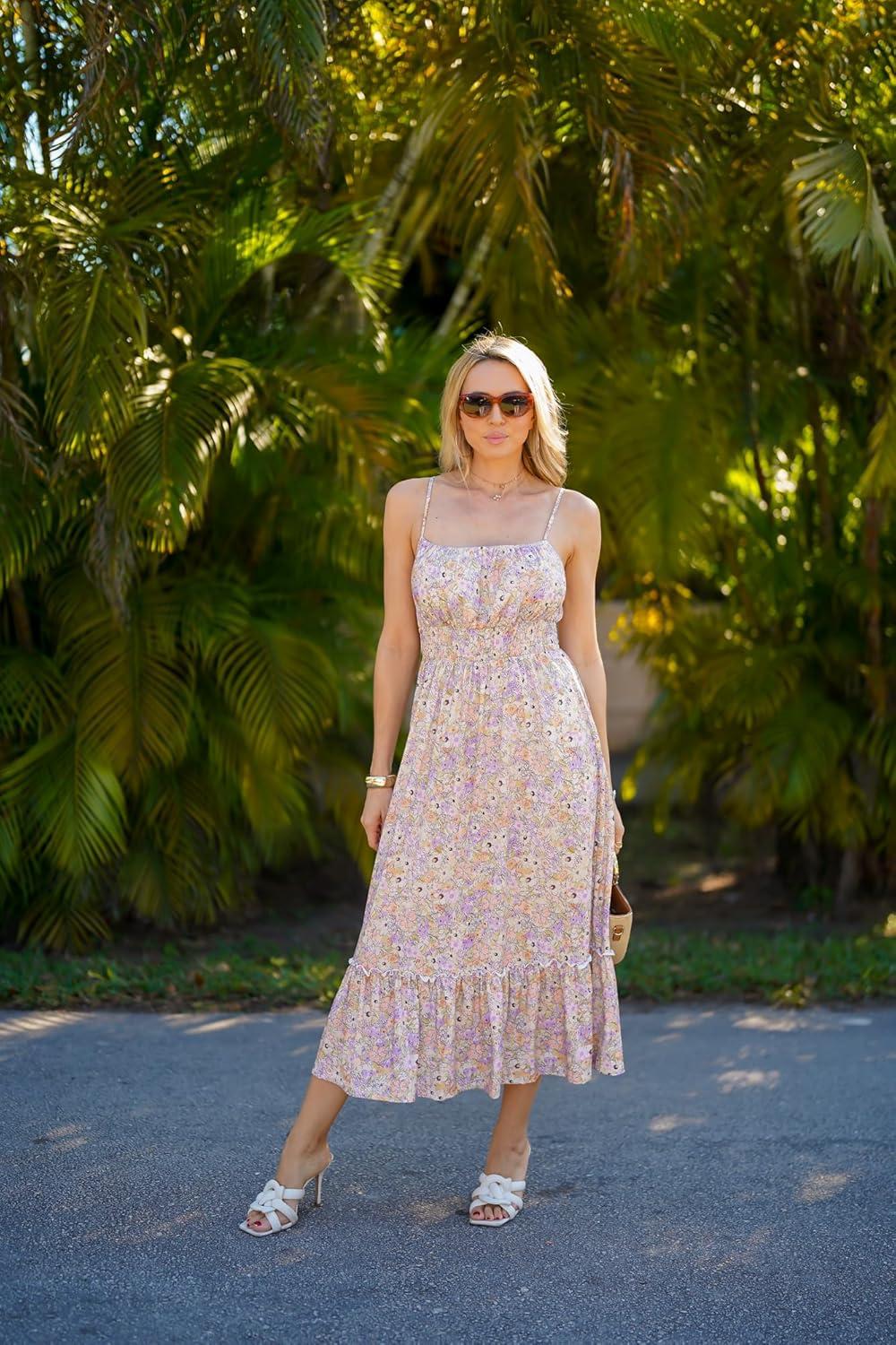 imageGRACE KARIN Summer Dresses for Women 2026 Vacation Smocked Floral Maxi Dresses Boho Beach Long Sundresses with PocketsPurple Green Floral
