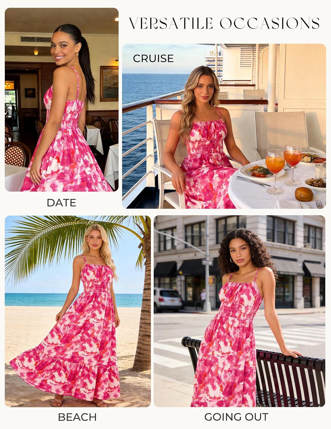 imageGRACE KARIN Summer Dresses for Women 2026 Vacation Smocked Floral Maxi Dresses Boho Beach Long Sundresses with PocketsRose Red Floral