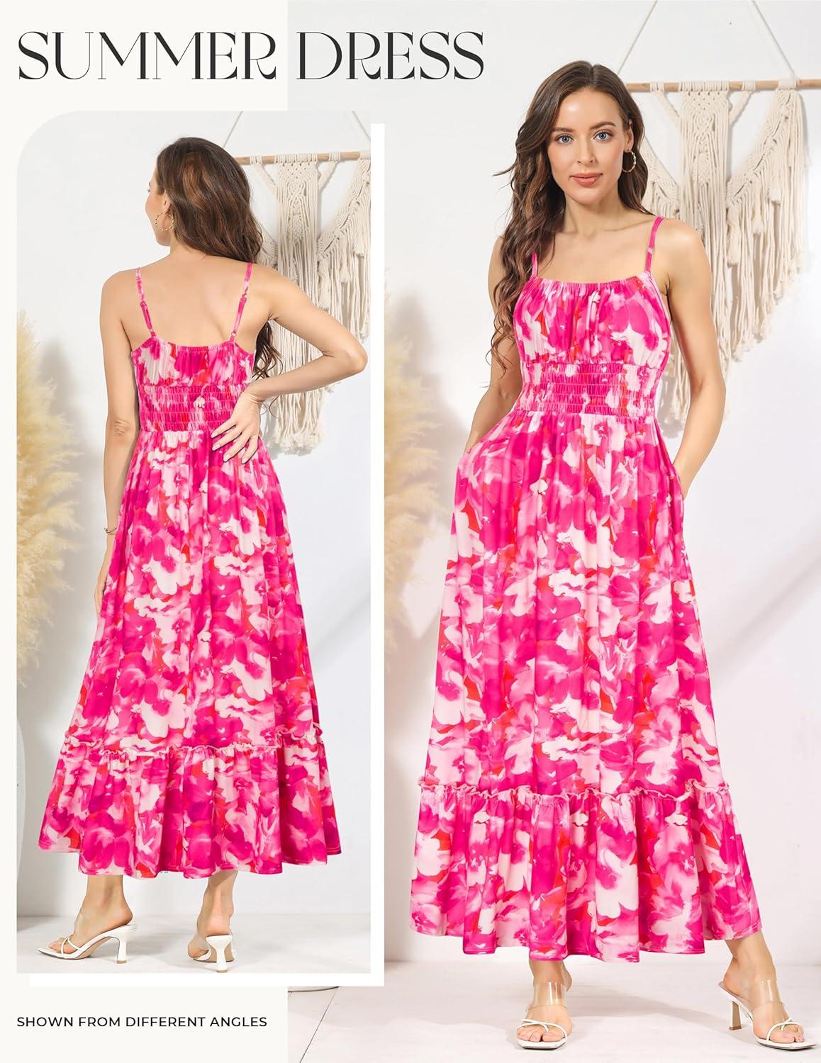 imageGRACE KARIN Summer Dresses for Women 2026 Vacation Smocked Floral Maxi Dresses Boho Beach Long Sundresses with PocketsRose Red Floral
