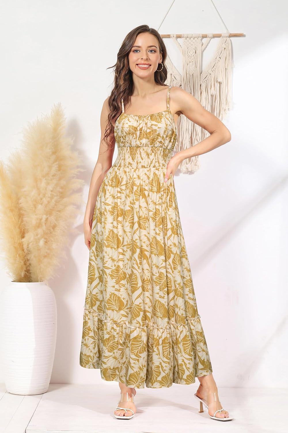 imageGRACE KARIN Summer Dresses for Women 2026 Vacation Smocked Floral Maxi Dresses Boho Beach Long Sundresses with PocketsYellow Leaves