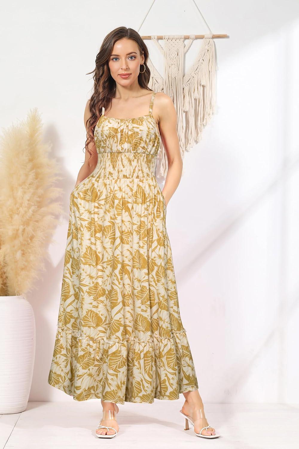 imageGRACE KARIN Summer Dresses for Women 2026 Vacation Smocked Floral Maxi Dresses Boho Beach Long Sundresses with PocketsYellow Leaves
