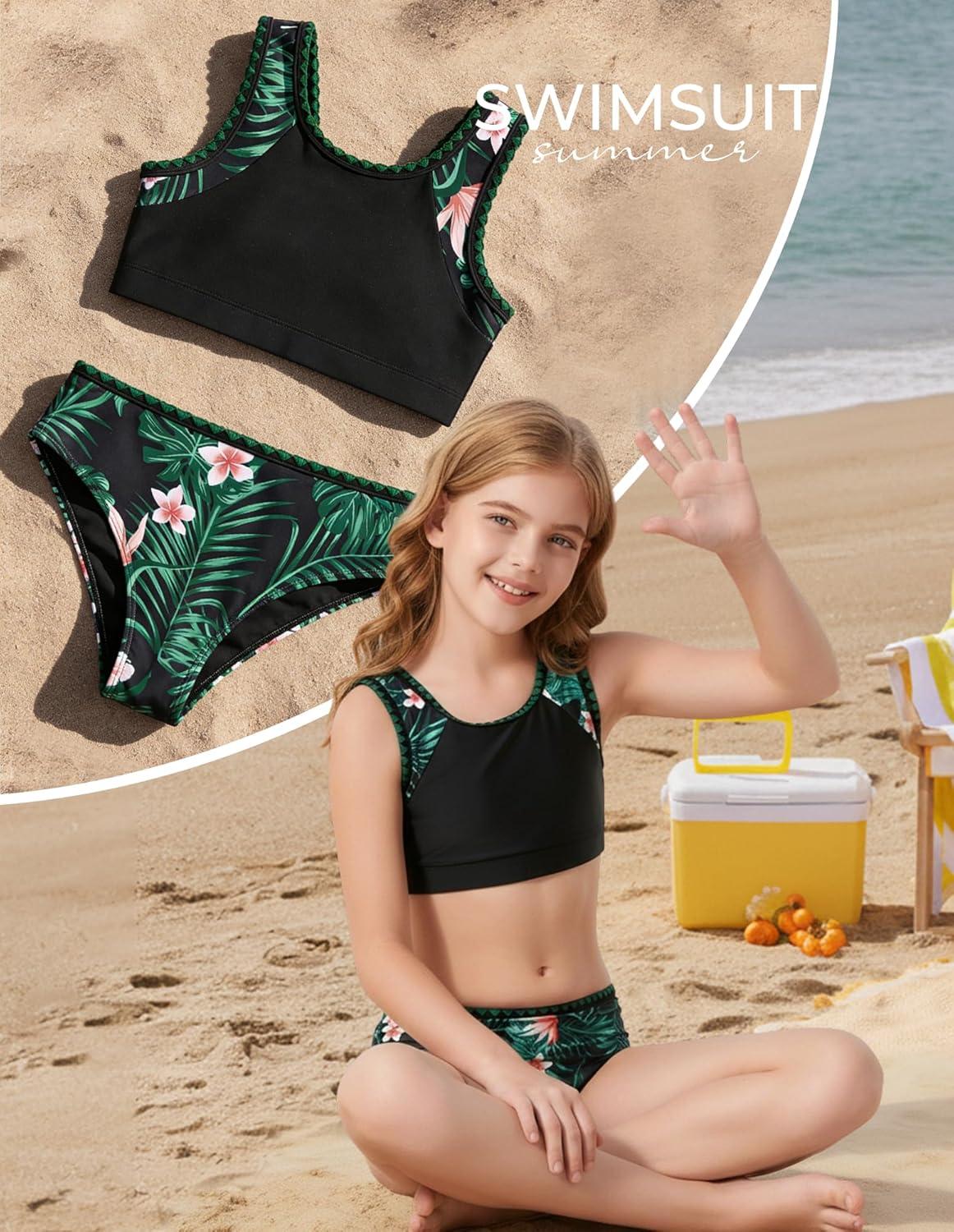 imageGRACE KARIN Teen Girls Swimsuits Two Piece Bikini Sets with Chest Pad Kids Tropical Print Bathing Suit 714YBlack