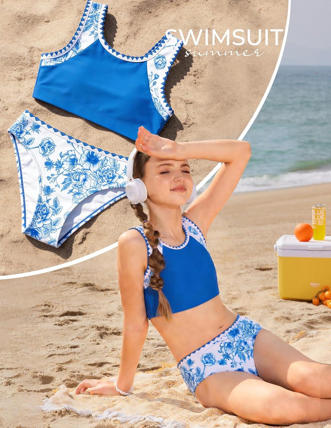 imageGRACE KARIN Teen Girls Swimsuits Two Piece Bikini Sets with Chest Pad Kids Tropical Print Bathing Suit 714YBlue