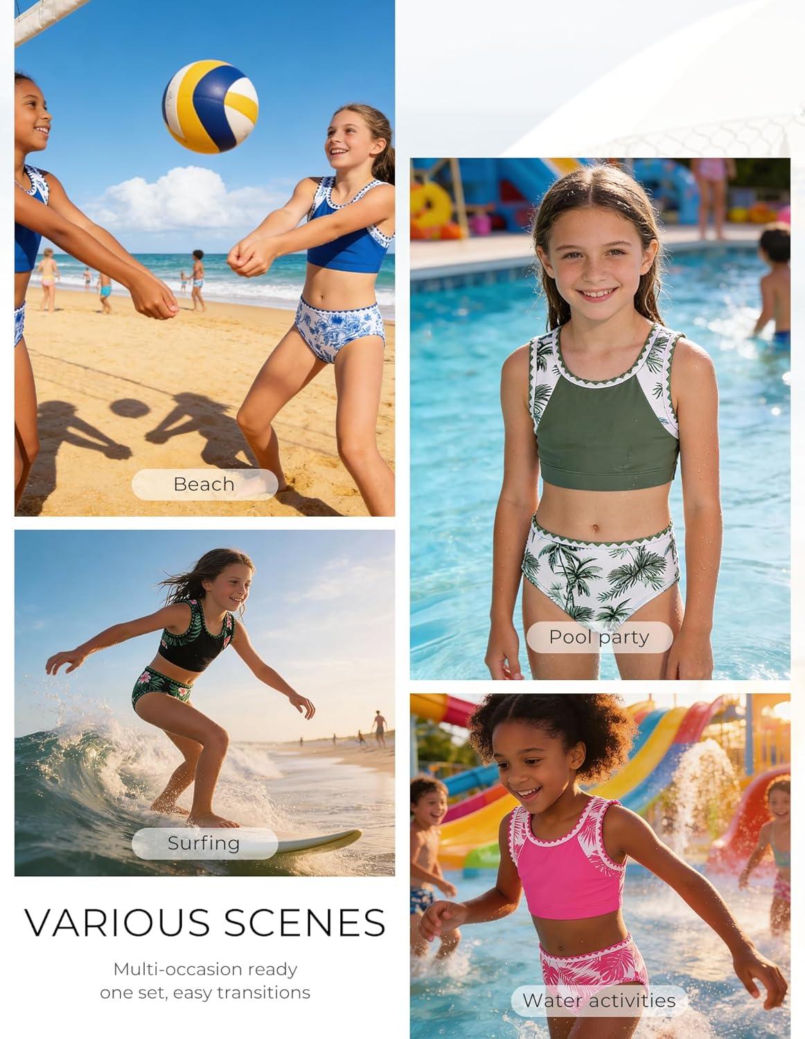 imageGRACE KARIN Teen Girls Swimsuits Two Piece Bikini Sets with Chest Pad Kids Tropical Print Bathing Suit 714YHot Pink