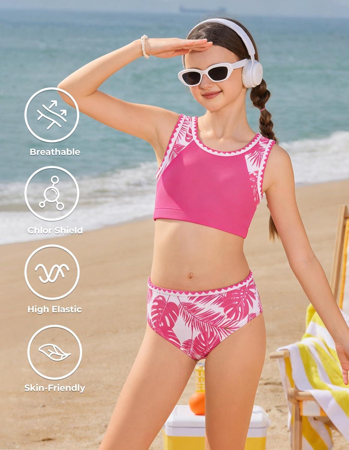 imageGRACE KARIN Teen Girls Swimsuits Two Piece Bikini Sets with Chest Pad Kids Tropical Print Bathing Suit 714YHot Pink