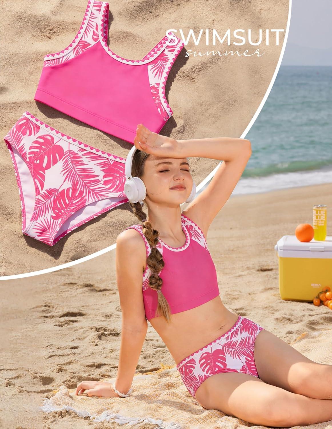 imageGRACE KARIN Teen Girls Swimsuits Two Piece Bikini Sets with Chest Pad Kids Tropical Print Bathing Suit 714YHot Pink