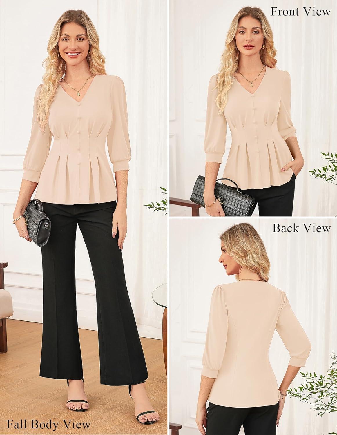 imageGRACE KARIN Women Business Casual Tops 2026 Spring Trendy Dressy Blouses 34 Sleeve Peplum Work Shirts V Neck Office OutfitApricot