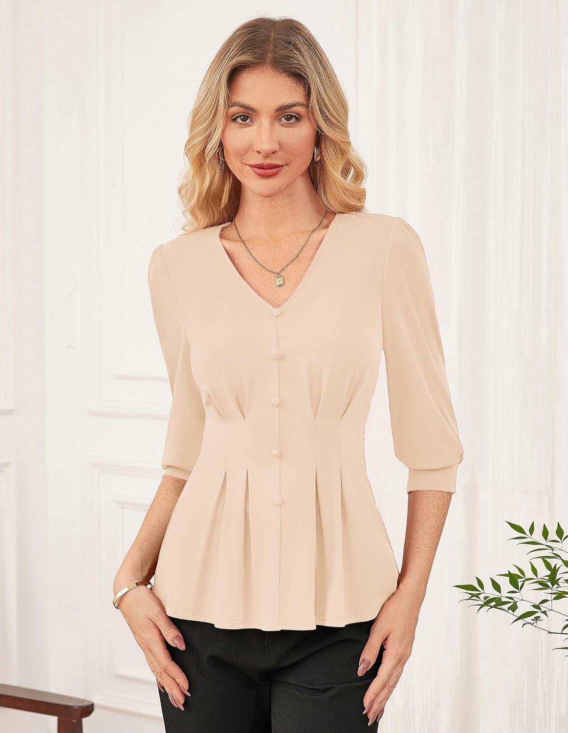 imageGRACE KARIN Women Business Casual Tops 2026 Spring Trendy Dressy Blouses 34 Sleeve Peplum Work Shirts V Neck Office OutfitApricot