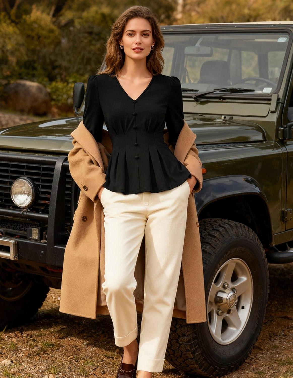 imageGRACE KARIN Women Business Casual Tops 2026 Spring Trendy Dressy Blouses 34 Sleeve Peplum Work Shirts V Neck Office OutfitBlack