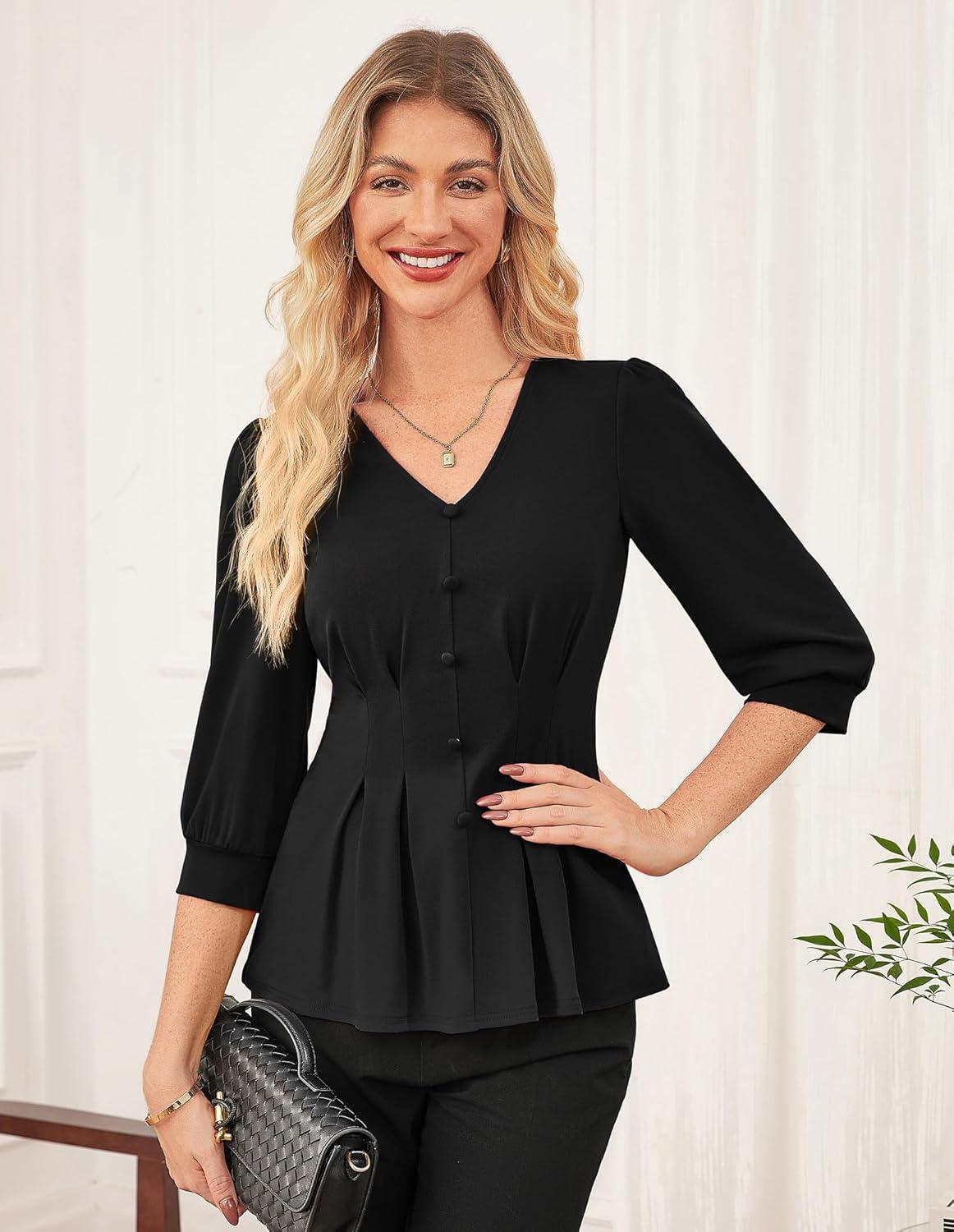 imageGRACE KARIN Women Business Casual Tops 2026 Spring Trendy Dressy Blouses 34 Sleeve Peplum Work Shirts V Neck Office OutfitBlack