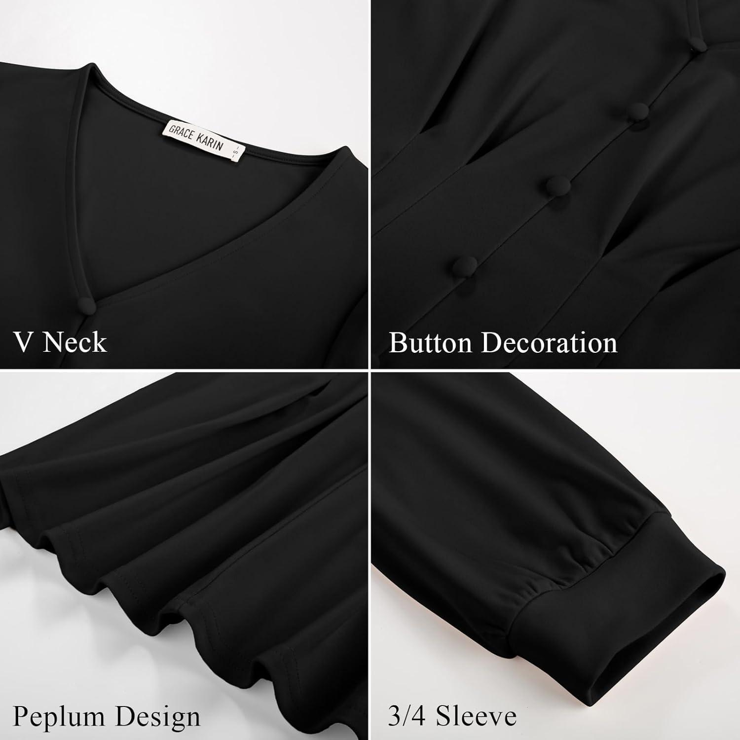 imageGRACE KARIN Women Business Casual Tops 2026 Spring Trendy Dressy Blouses 34 Sleeve Peplum Work Shirts V Neck Office OutfitBlack