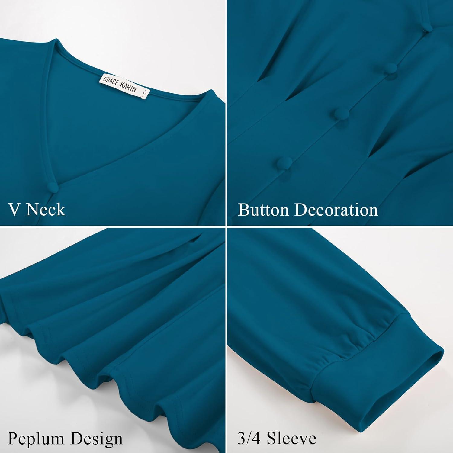 imageGRACE KARIN Women Business Casual Tops 2026 Spring Trendy Dressy Blouses 34 Sleeve Peplum Work Shirts V Neck Office OutfitBlue