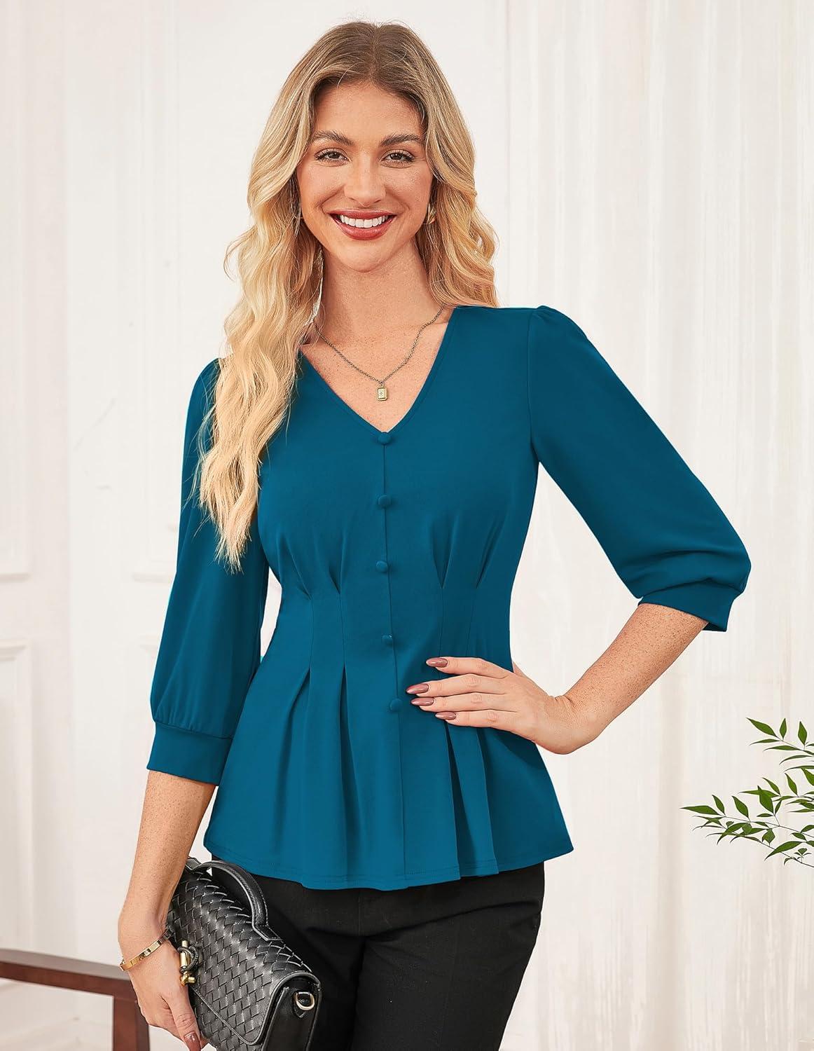 imageGRACE KARIN Women Business Casual Tops 2026 Spring Trendy Dressy Blouses 34 Sleeve Peplum Work Shirts V Neck Office OutfitBlue