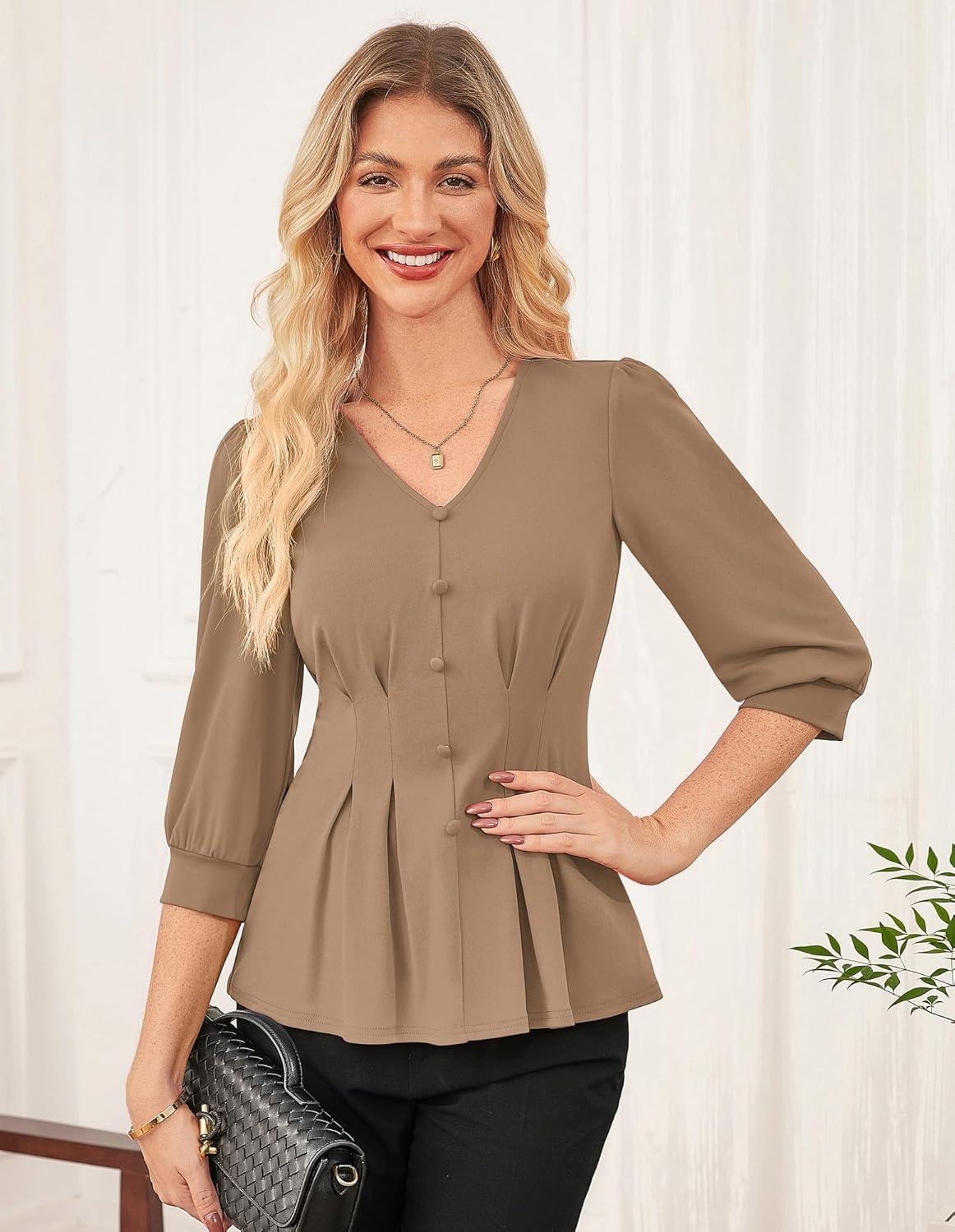 imageGRACE KARIN Women Business Casual Tops 2026 Spring Trendy Dressy Blouses 34 Sleeve Peplum Work Shirts V Neck Office OutfitBrown