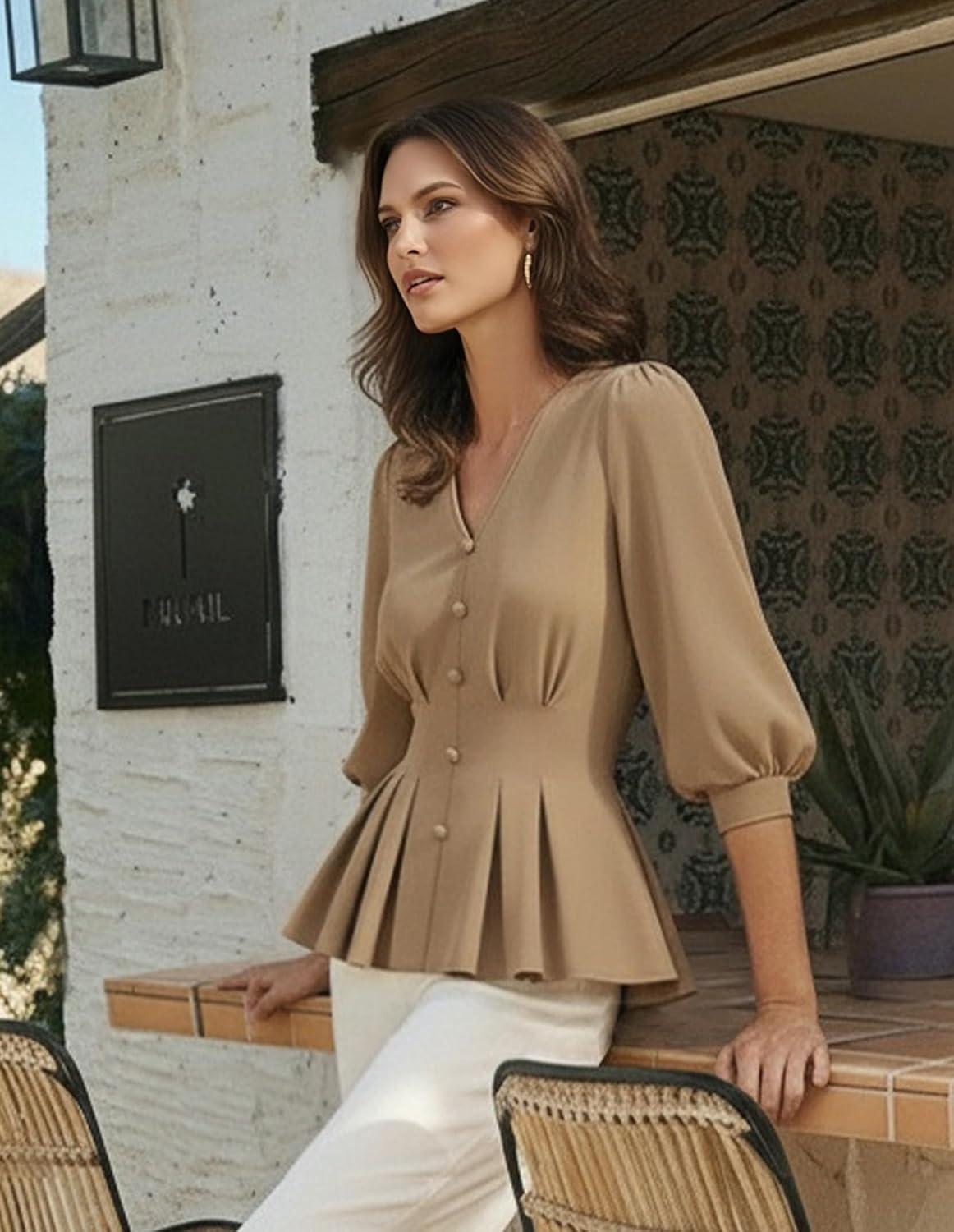 imageGRACE KARIN Women Business Casual Tops 2026 Spring Trendy Dressy Blouses 34 Sleeve Peplum Work Shirts V Neck Office OutfitBrown