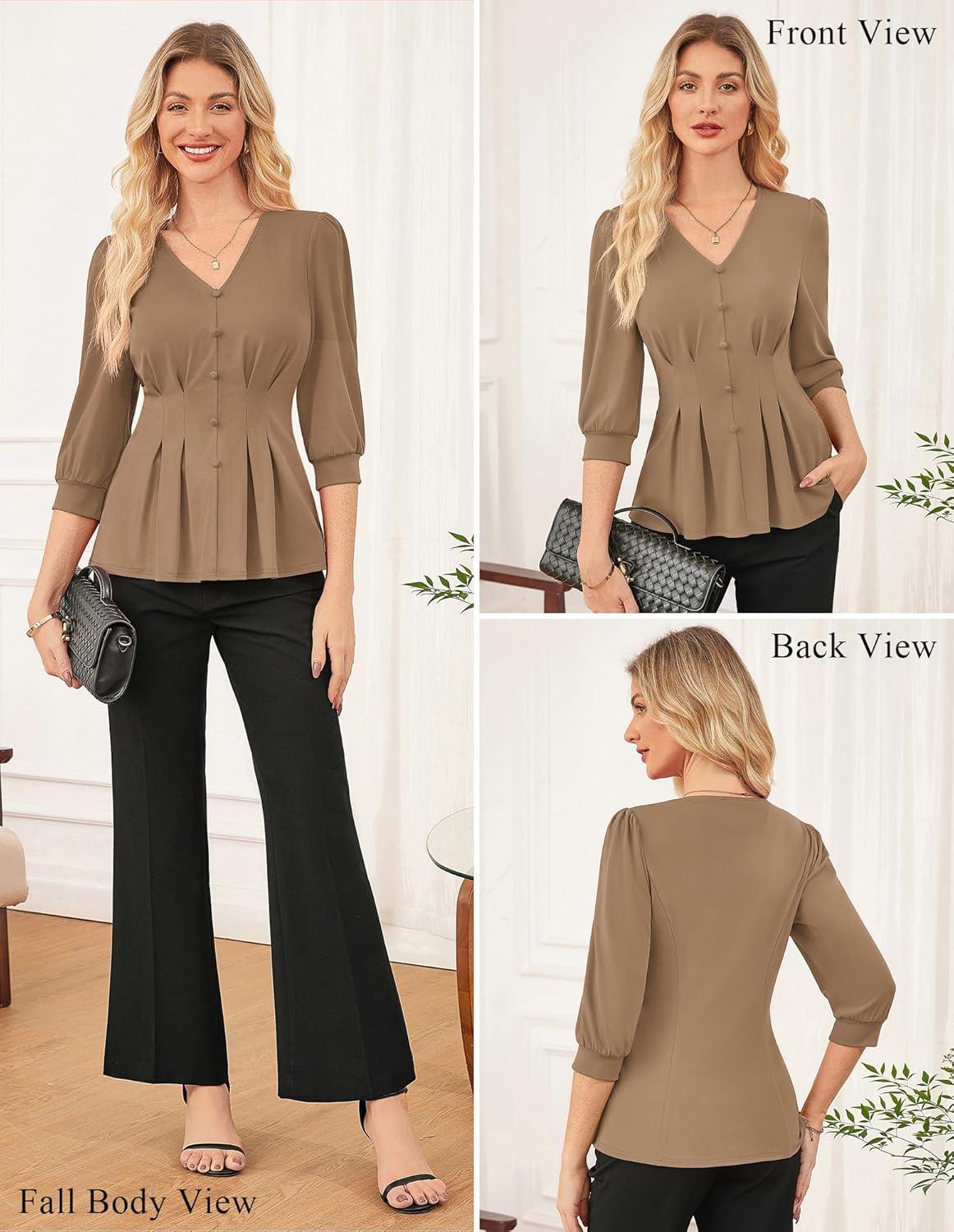 imageGRACE KARIN Women Business Casual Tops 2026 Spring Trendy Dressy Blouses 34 Sleeve Peplum Work Shirts V Neck Office OutfitBrown