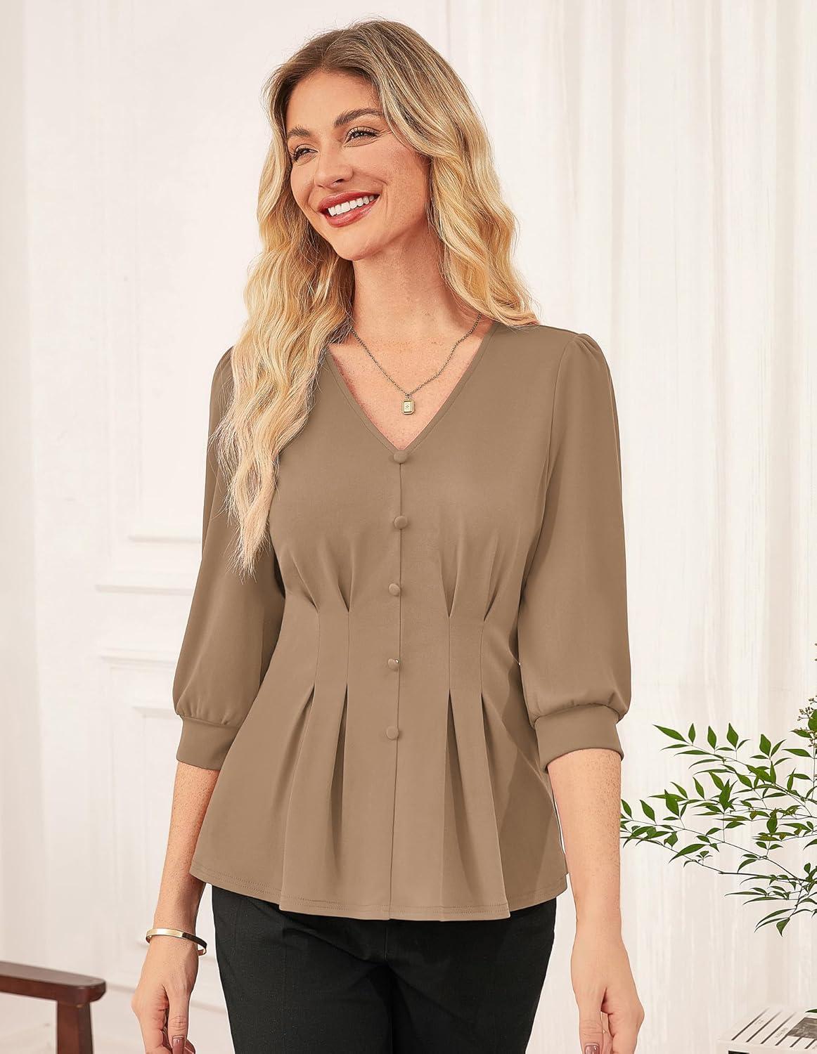 imageGRACE KARIN Women Business Casual Tops 2026 Spring Trendy Dressy Blouses 34 Sleeve Peplum Work Shirts V Neck Office OutfitBrown