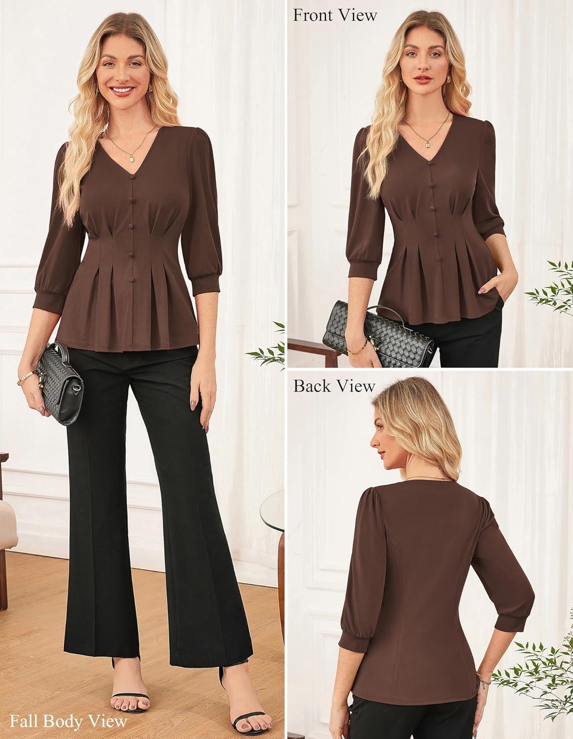 imageGRACE KARIN Women Business Casual Tops 2026 Spring Trendy Dressy Blouses 34 Sleeve Peplum Work Shirts V Neck Office OutfitChocolate