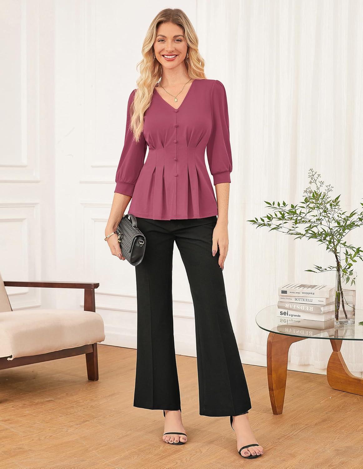imageGRACE KARIN Women Business Casual Tops 2026 Spring Trendy Dressy Blouses 34 Sleeve Peplum Work Shirts V Neck Office OutfitFuchsia