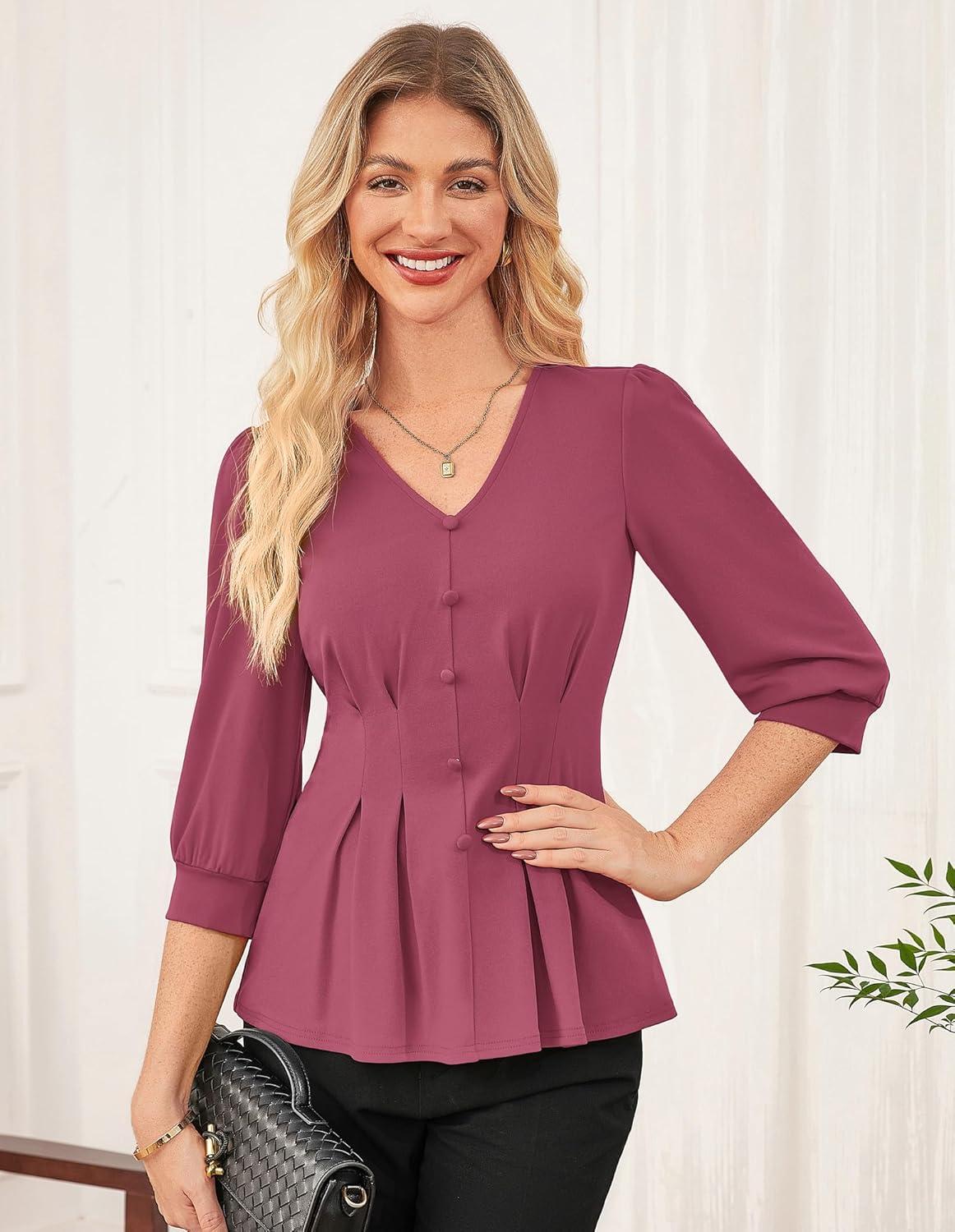 imageGRACE KARIN Women Business Casual Tops 2026 Spring Trendy Dressy Blouses 34 Sleeve Peplum Work Shirts V Neck Office OutfitFuchsia