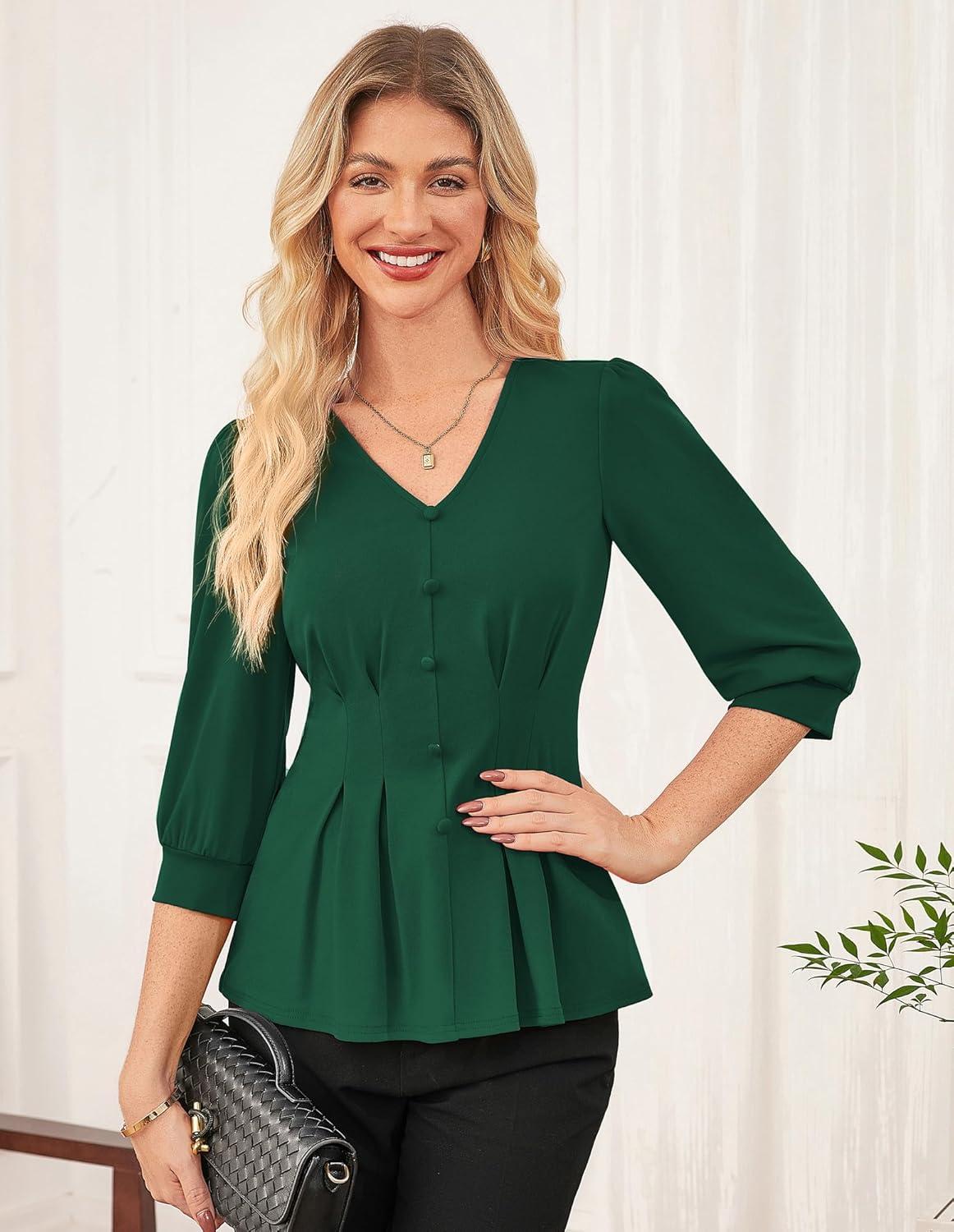 imageGRACE KARIN Women Business Casual Tops 2026 Spring Trendy Dressy Blouses 34 Sleeve Peplum Work Shirts V Neck Office OutfitGreen