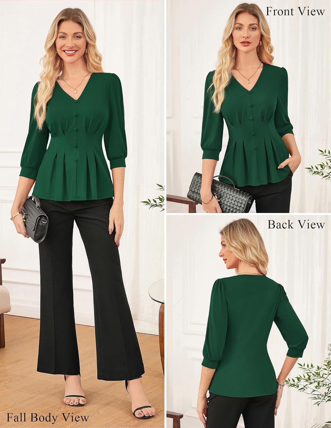 imageGRACE KARIN Women Business Casual Tops 2026 Spring Trendy Dressy Blouses 34 Sleeve Peplum Work Shirts V Neck Office OutfitGreen
