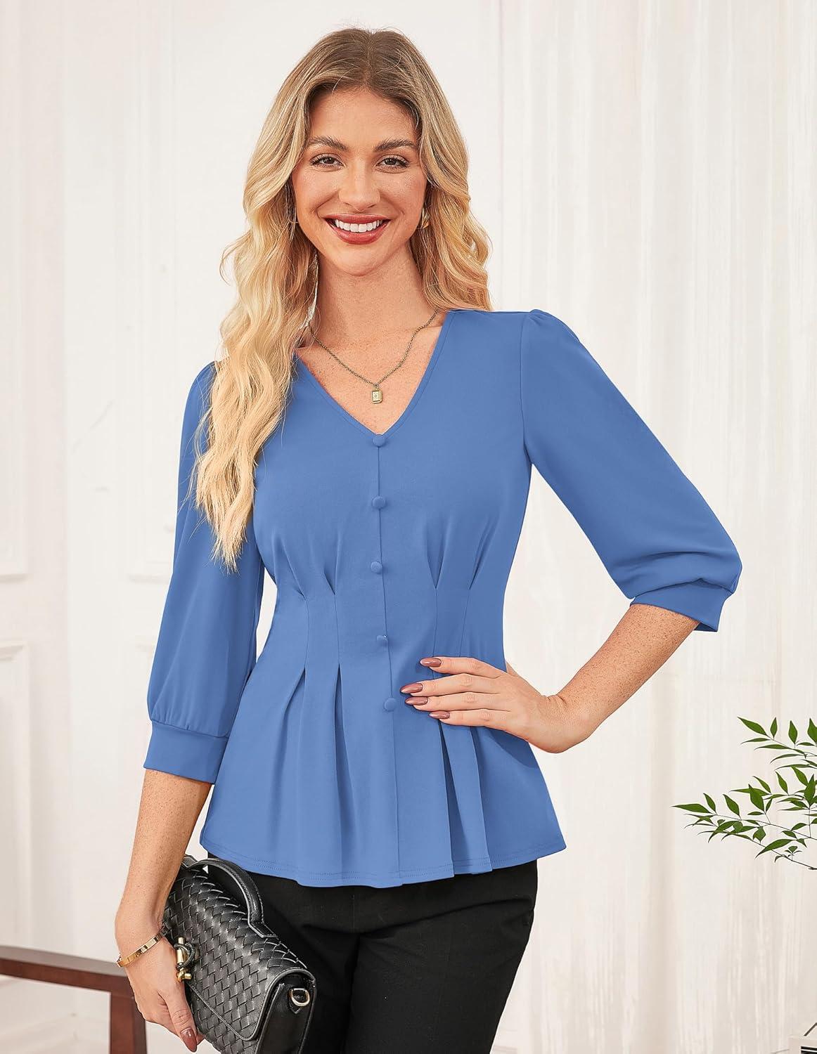 imageGRACE KARIN Women Business Casual Tops 2026 Spring Trendy Dressy Blouses 34 Sleeve Peplum Work Shirts V Neck Office OutfitLight Blue