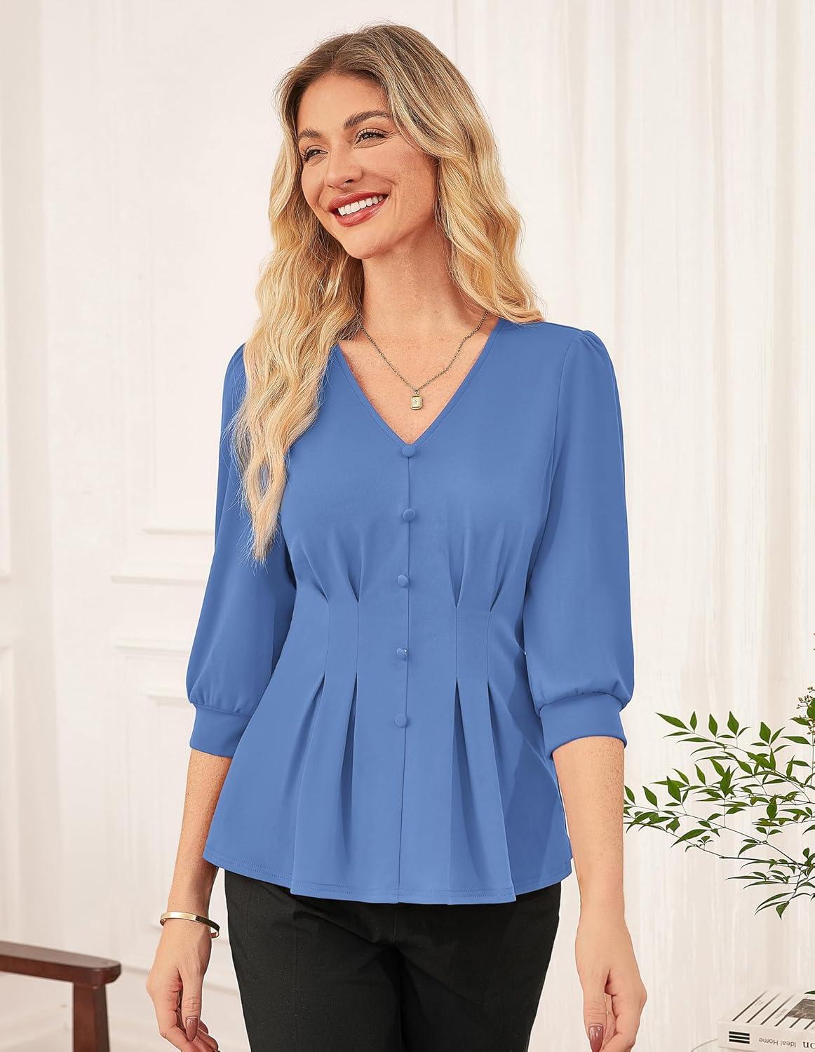 imageGRACE KARIN Women Business Casual Tops 2026 Spring Trendy Dressy Blouses 34 Sleeve Peplum Work Shirts V Neck Office OutfitLight Blue