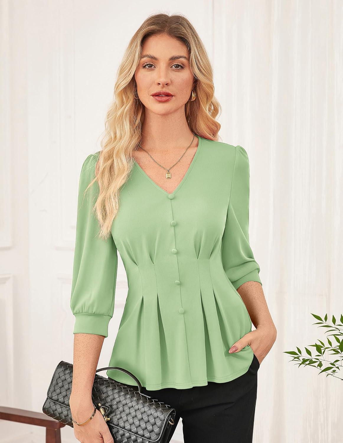 imageGRACE KARIN Women Business Casual Tops 2026 Spring Trendy Dressy Blouses 34 Sleeve Peplum Work Shirts V Neck Office OutfitLight Green