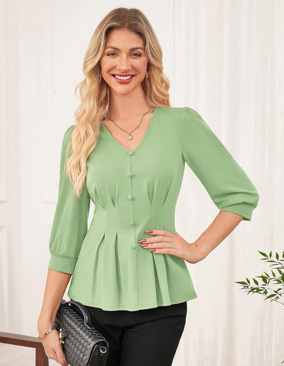 imageGRACE KARIN Women Business Casual Tops 2026 Spring Trendy Dressy Blouses 34 Sleeve Peplum Work Shirts V Neck Office OutfitLight Green