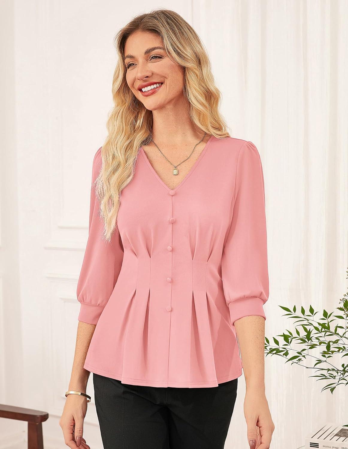 imageGRACE KARIN Women Business Casual Tops 2026 Spring Trendy Dressy Blouses 34 Sleeve Peplum Work Shirts V Neck Office OutfitLight Pink