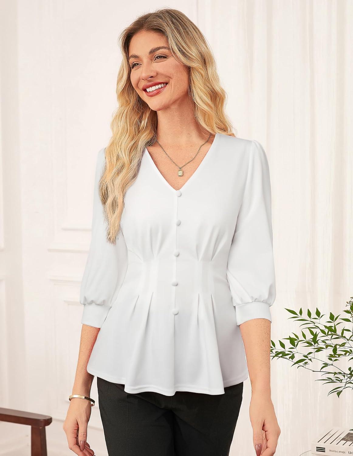 imageGRACE KARIN Women Business Casual Tops 2026 Spring Trendy Dressy Blouses 34 Sleeve Peplum Work Shirts V Neck Office OutfitWhite