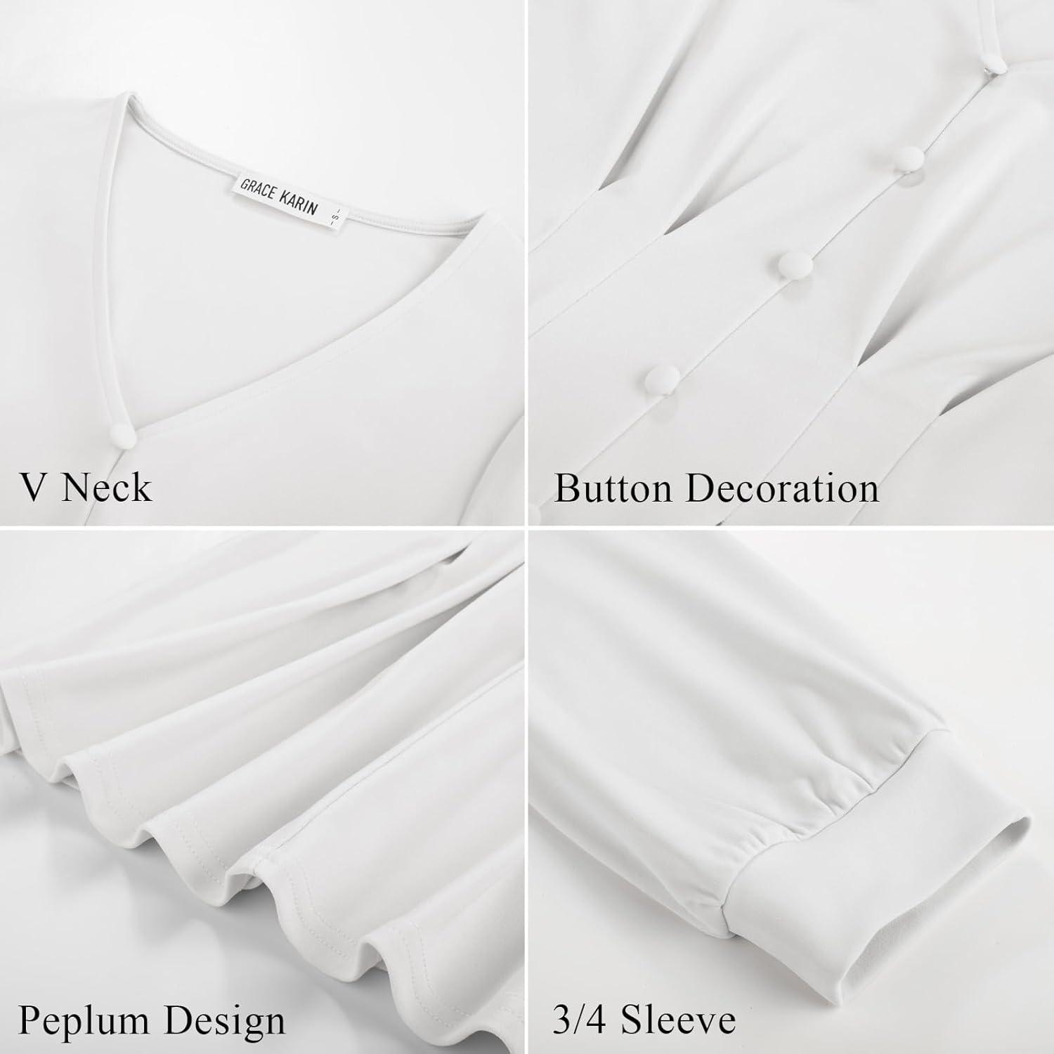 imageGRACE KARIN Women Business Casual Tops 2026 Spring Trendy Dressy Blouses 34 Sleeve Peplum Work Shirts V Neck Office OutfitWhite