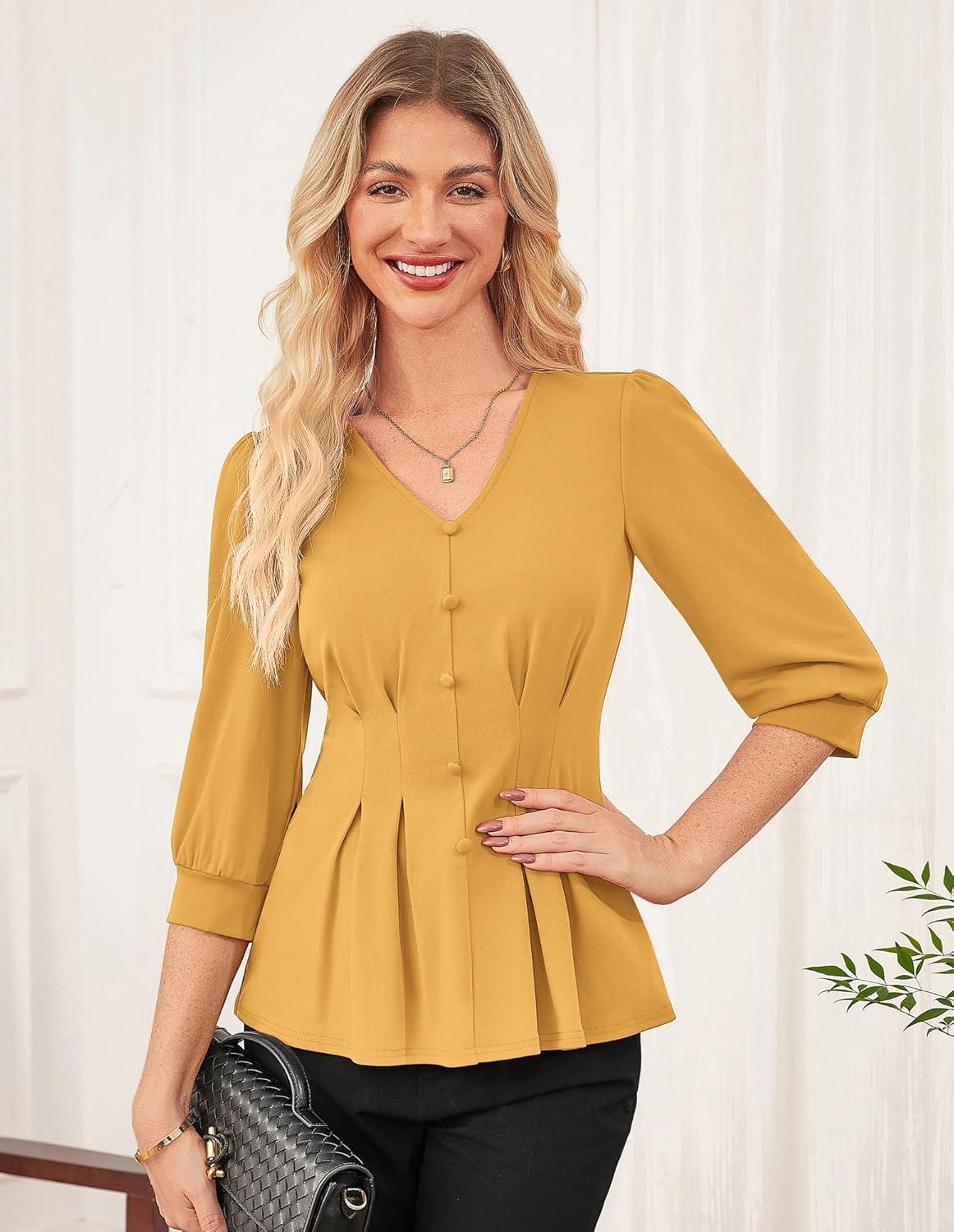 imageGRACE KARIN Women Business Casual Tops 2026 Spring Trendy Dressy Blouses 34 Sleeve Peplum Work Shirts V Neck Office OutfitYellow