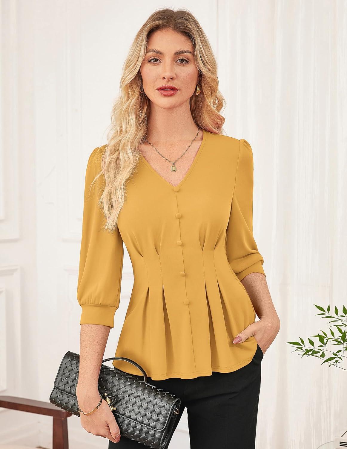 imageGRACE KARIN Women Business Casual Tops 2026 Spring Trendy Dressy Blouses 34 Sleeve Peplum Work Shirts V Neck Office OutfitYellow