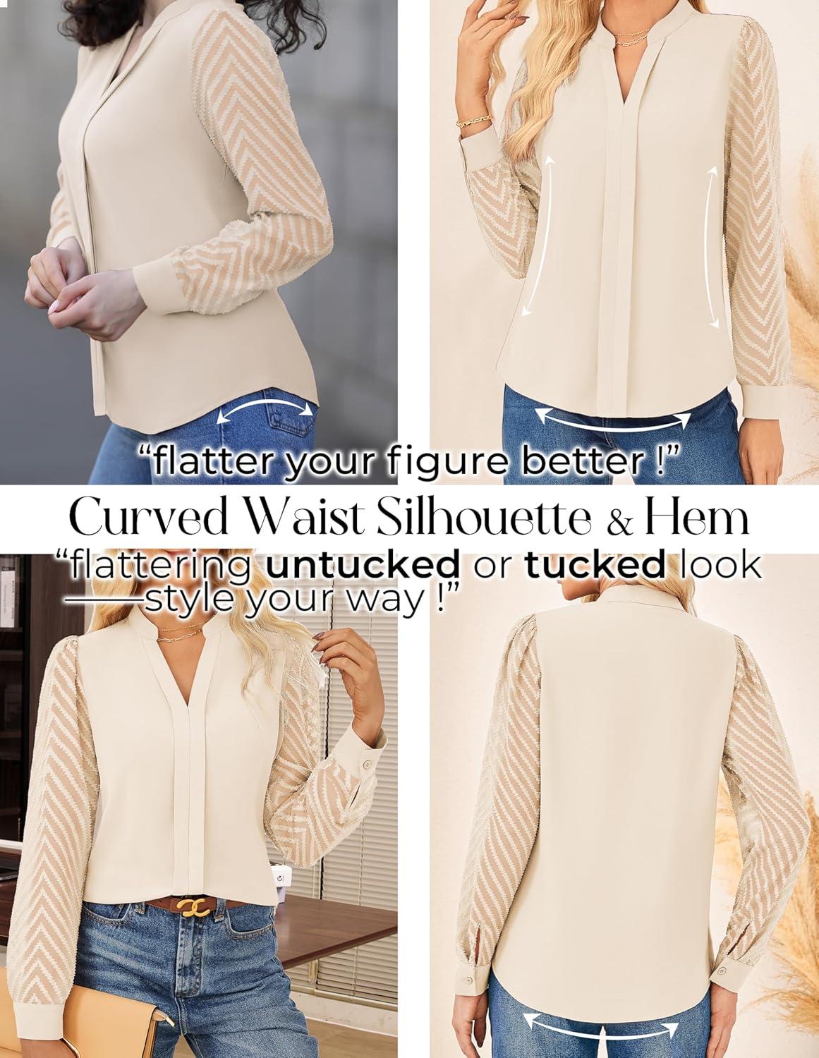 imageGRACE KARIN Women Business Casual Tops Sheer Lace Long Sleeve Blouses Work Office Pleated V Neck Shirt Fall Formal OutfitsApricot