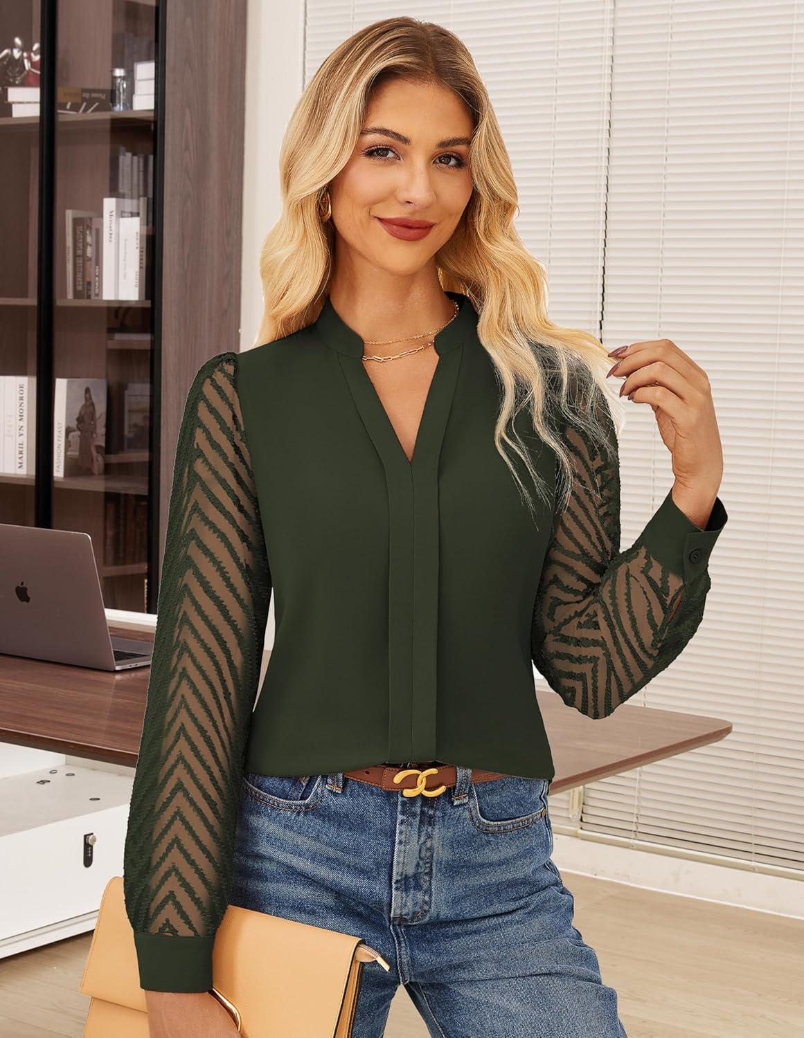 imageGRACE KARIN Women Business Casual Tops Sheer Lace Long Sleeve Blouses Work Office Pleated V Neck Shirt Fall Formal OutfitsArmy Green