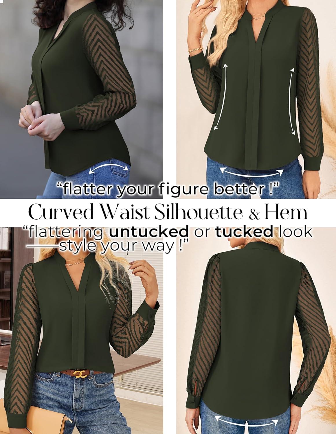 imageGRACE KARIN Women Business Casual Tops Sheer Lace Long Sleeve Blouses Work Office Pleated V Neck Shirt Fall Formal OutfitsArmy Green