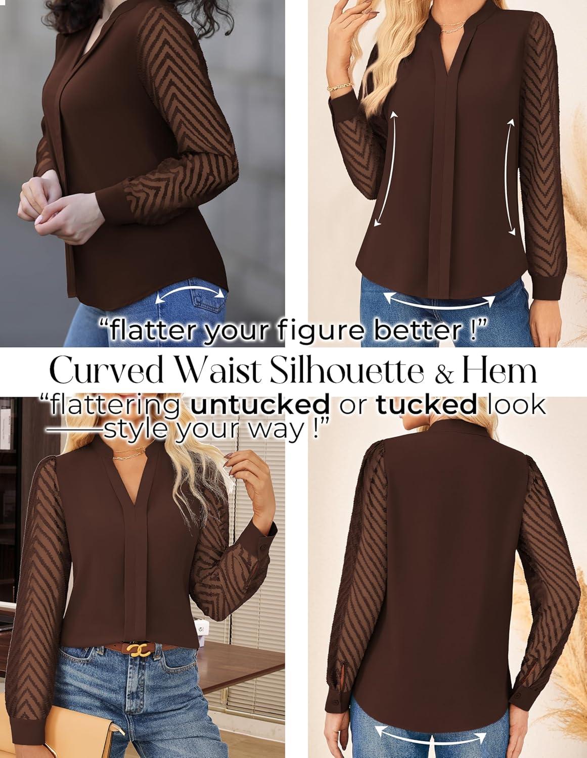 imageGRACE KARIN Women Business Casual Tops Sheer Lace Long Sleeve Blouses Work Office Pleated V Neck Shirt Fall Formal OutfitsCoffee